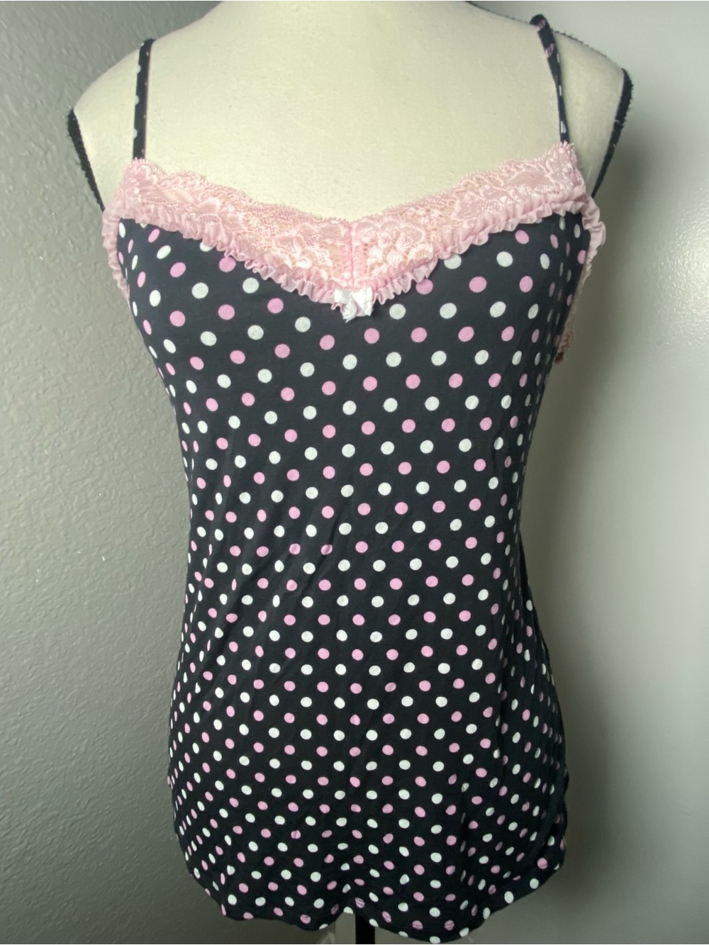 Y2K Victoria’s Secret Soft Black Pink & White Polkadot Lace Trim Tank Top Size M